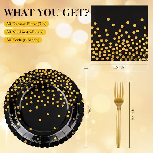 90 Pcs Black and Gold Plates and Napkins Party Supplies, Scalloped Gold Polka Dots Tableware Set Include Black Gold Dot Cake Dessert Plates, Napkin, Fork for Wedding, Retirement, Birthday, New Year - Image 2