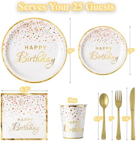 175PCS White Happy Birthday Plates Dinnerware Set, Napkins & Cups, Serve 25 - Image 2