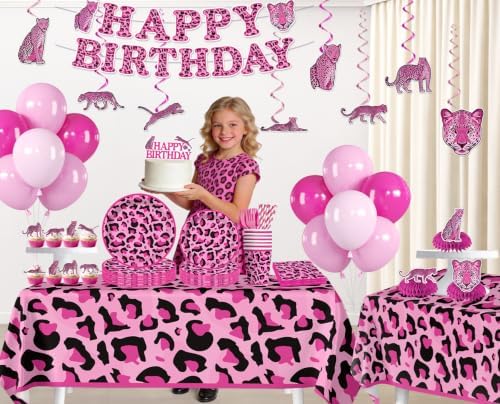 205Pcs Pink Cheetah Birthday Decorations Tableware Set, 25 Serves - Image 3