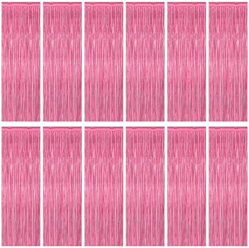 ZATAYE 12 Pack Pink Backdrop, 3.28 FT x 7.05 FT Foil Fringe Curtains, Metallic Pink Tinsel Curtain Party Streamer Birthday Backdrop for Girl, Valentines Day Decorations Bachelorette Party Supplies by ZATAYE