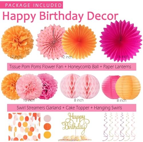 Hot-Pink Orange Birthday Decoration for Women Girl, Fall Peach Burnt-Orange Gold Balloon Décor-Happy Banner, Streamers Lanterns Honeycomb, Tissue Flowers Pom Poms Fan, Boho Sunset Autumn Party Décor - Image 3