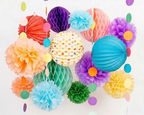 PapaKit Premium Paper Decoration Set - Pom Pom, Honeycomb and Accordion Lantern (Festive Colors) Birthday Party Baby Shower Bride to Be Engagement Wedding Events by PapaKitCreativeDecoration