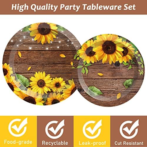 200PCS Sunflower Paper Plates and Napkins Sunflower Birthday Party Decoration Hoedown Party Decorations Supplies with Wood Land Background Bridal Baby Shower Tableware Brown Country Rustic Style - Image 3