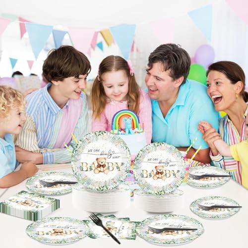 Naozinebi 200PCS Sage Green Bear Baby Shower Decoration Teddy Plates Napkins We Can Bearly Wait Paper Plates Greenery Bear Party Tableware Set for Gender Reveal Neutral Party Decor Supplies Serves 50 - Image 5