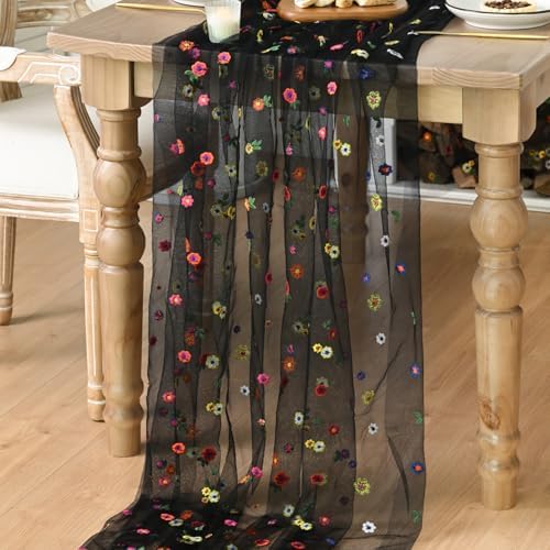 Artoid Mode Black Embroidery Daisy Gauze Table Runner 59x120 Inch 10FT - Image 4