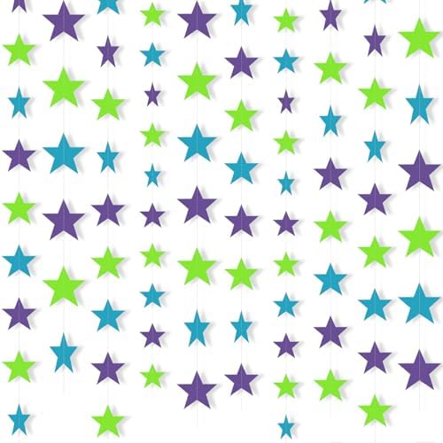 Patelai Glitter Star Garland Banner Christmas Decor 130 Feet Star Hanging Banner Twinkle Backdrop for Homecoming Classroom Wedding Birthday Halloween Party Supplies (Dark Purple, Fluorescent, Green) by Patelai