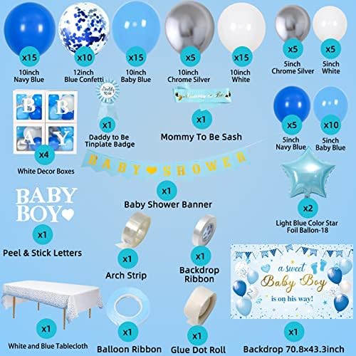 Baby Shower Decorations for Boy, Blue Baby Party Decor Kit with Balloons Boxes, Blue Balloon Garland Backdrop Banner and Tablecloth and Baby Shower Sash, Baby Boy Shower Decorations - Image 2
