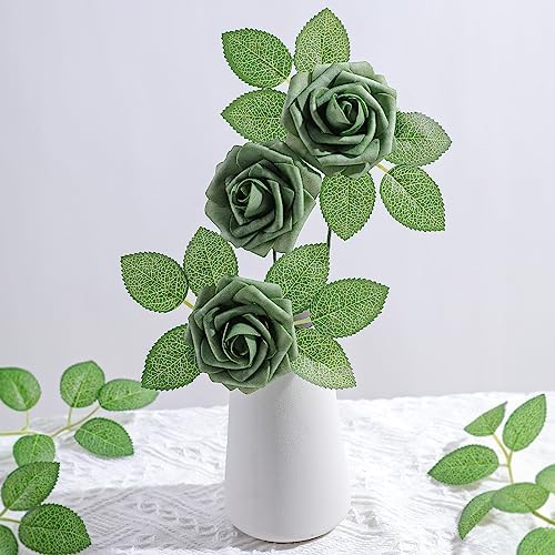 AmyHomie Green Rose 25pcs Real Looking Artificial Flowers w/Stem - Image 6