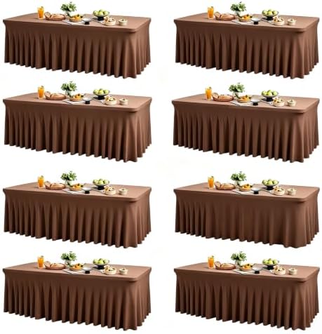 Wish Care 8 Pack Brown Spandex Table Clothes for 6 Foot Rectangle Tables, 6FT Wrinkle Free Fitted Tablecloths Ruffles Design Table Cloth for Party, Banquet, Wedding and Events by WishCare