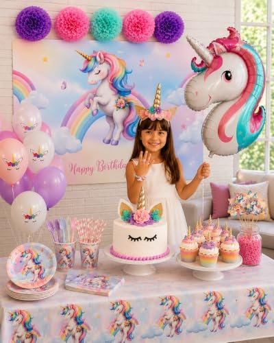 191 Pc Unicorn Birthday Decorations for Girls – Complete Unicorn Party Decorations Supplies Kit with Backdrop, Banner, Plates, Napkins, Balloons, Headband, Tablecloth – Rainbow Party For Kids - Image 5