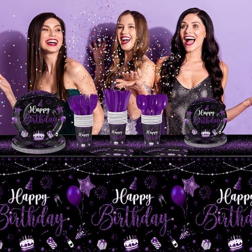 Vesici 171 Pcs Happy Birthday Party Supplies 24 Set Table, Black, Purple - Image 6
