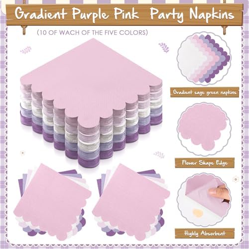 Zhehao 150 Pcs Purple and Pink Paper Plates Napkins Serves 50 - Image 5