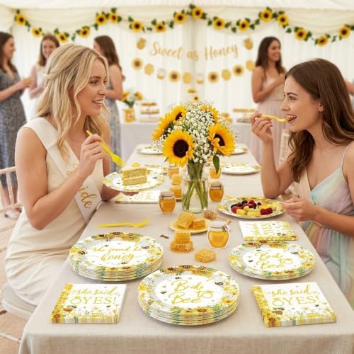 96 Pcs Bride to Bee Bridal Shower Tableware Set, Sunflower Honey Theme Party Supplies with Plates Napkins Forks, She Found Her Honey Engagement Bachelorette Party Decorations for 24 Guests - Image 7