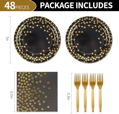 48PCS Black and Gold Plates and Napkins Party Supplies, Gold Dot Disposable Paper Plates and Napkins with Forks Tableware Set for Birthday Wedding Retirement Graduation Party Decorations 16 Guests - Image 2
