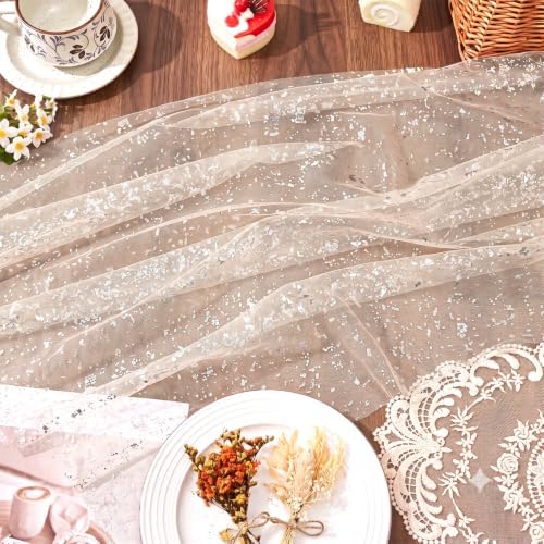 4Pcs White Silver Gauze Table Runner with Glitter Metallic Foil - Image 4