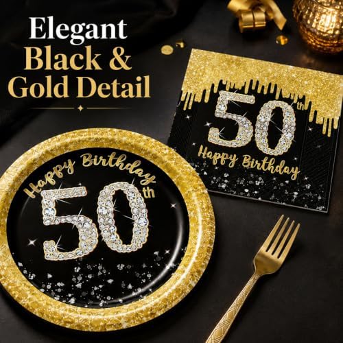 72 Pcs 50th Birthday Plates Napkins and Forks Set, 7 Inch, Back Gold - Image 3