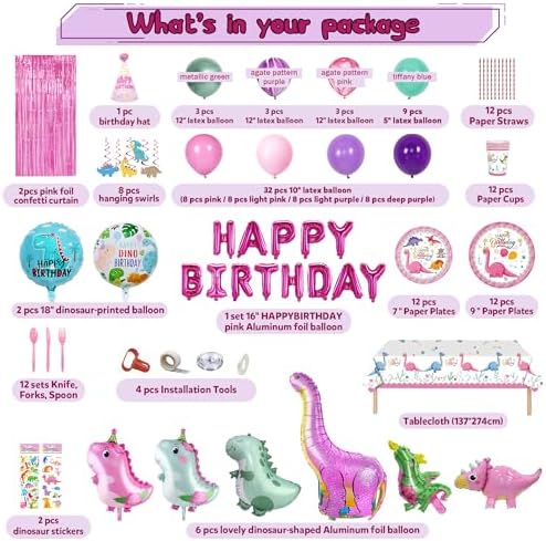 150 pcs Dinosaur Birthday Party Supplies For Girls (Serves 12), Pink Dinosaur Party Decorations, 50 pcs Latex Balloons, 12 sets Tableware, Plates, Tablecloth, Installation Tools - Image 2
