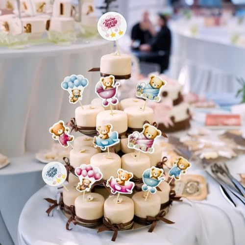 Gyufise 36Pcs Bear Cupcake Toppers Bear Cupcake Picks Baby Carriage Bottle Balloon We can Bearly Wait Cake Decorations for Baby Shower Gender Reveal Kids Birthday Party Supplies Blue Pink Coffee - Image 4