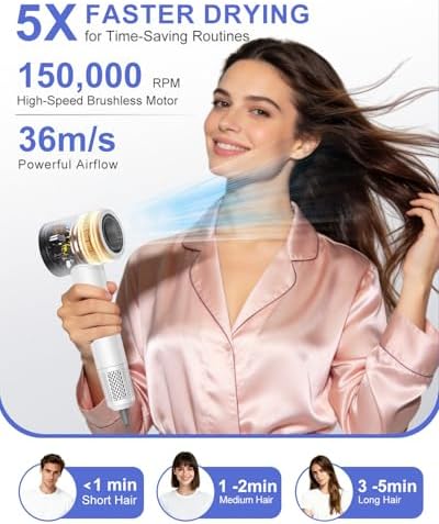 High Speed Hair Dryer,150000 RPM Brushless Motor Professional Blow Dryer for Fast Drying,500M Negative Ions Ionic with Magnetic Blow Air Nozzle,Control Quiet Noise, Lightweight for Travel - Image 2