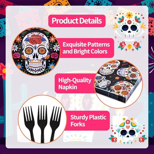 96 Pieces Day of the Dead Tableware Set - Mexican Sugar Skull Pattern Disposable Plates, Napkins, and Forks for Dia de los Muertos, Halloween, Fiesta, and Cultural Celebrations – Serves 24 - Image 3