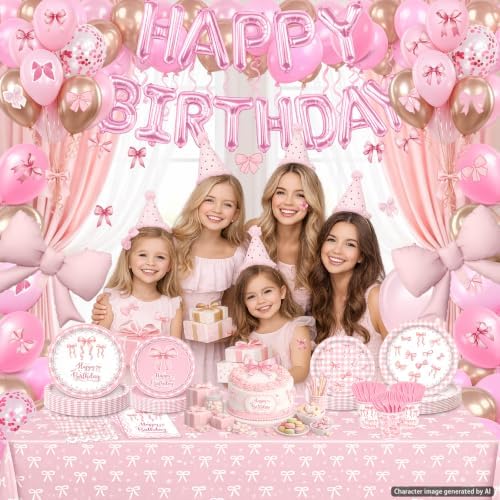 219Pcs Pink Bow Birthday Decorations, Coquette Tableware Set 24 Guests - Image 2