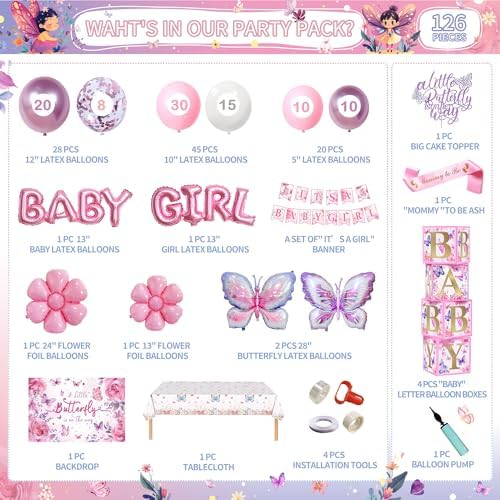 126 pcs Butterfly Baby Shower Decorations For Girl,4 pcs Butterfly Balloon Boxes,Floral,Butterfly Aluminum Foil Balloons,Flower,"A little butterfly is on the way","Mommy to be" Sash - Image 2