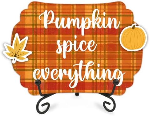 Fall Table Sign 5x7 Inch Autumn Decor, Rustic Party Centerpiece with Metal Stand & 2 DIY Stickable Wood Decor, Pumpkin Spice Everything Thanksgiving Table Decoration for Home & Party Display - B05 by AMHGLW