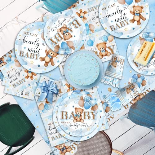 Blue Bear Baby Shower Decorations,219Pcs Baby Shower Tableware Set Banner, Plates and Napkins, Tablecloth, Cake Toppers, Honeycomb Balls for Boy Neutral Bear Themed Party Decorations Severs 24 - Image 6