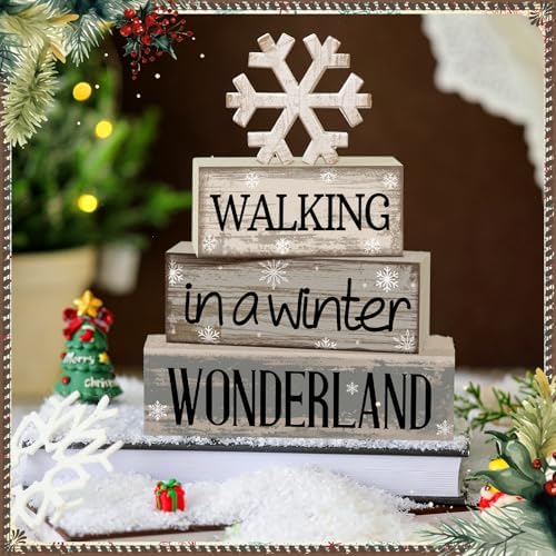 Moucuny 4 Pcs Snowflake Decorations Wooden Block Signs Winter Farmhouse - Image 2