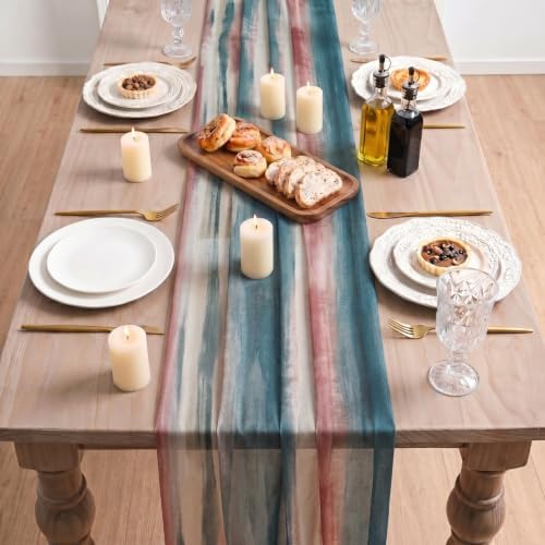 Artoid Mode Boho Blue Red Stripes 4th of July Chiffon Table Runner 120 Inches 10FT,Seasonal Fabric Kitchen Dining Holiday Table Decor for Home Party - Image 3