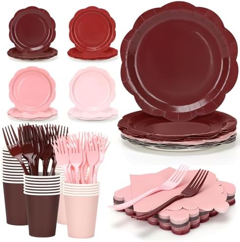 Pink and Burgundy Plates and Napkins Party Supplies, Disposable 9’’ Maroon and Brown Paper Plates and Cups and Napkins Set for Baby Shower, Birthday, Wedding, Christmas Party Decorations, Serves 48 by CENLBJ