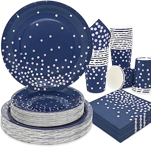 200pcs Blue and Silver Party Deorations Birthday Plates Disposable-Serve 50 Guests,Navy Blue Plates and Napkins Party Supplies for Wedding Anniversary Retirement Graduation Decorations by Gudvilla