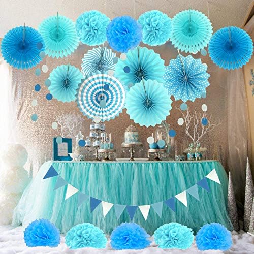ZERODECO Party Decoration, 21 Pcs Blue Hanging Paper Fans, Pom Poms Flowers, Garlands String Polka Dot and Triangle Bunting Flags for Boy Birthday Parties, Bridal Showers, Baby Showers, Wedding - Image 6