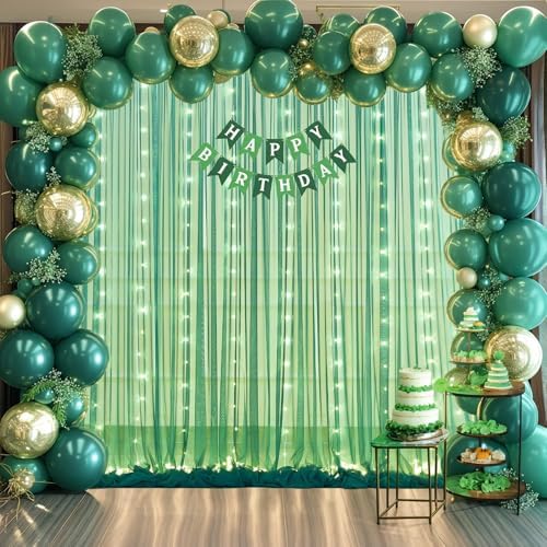 Hunter Green Tulle Backdrop Curtains with Lights String for Parites 10x8ft Sheer Backdrop Curtains Drapes for Birthday Party Bridal Shower Baby Shower Photo Booth Background Decorations - Image 3