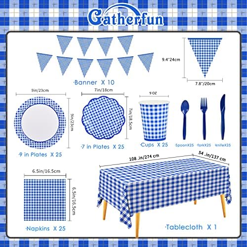 Gatherfun Gingham Blue and White Party Supplies Disposable Paper Plates Napkins Cups Knives Spoons Forks Tablecloth Banner for Birthday Party Family Dinner Picnic Barbecue Father's Day Party, Serve 25 - Image 5