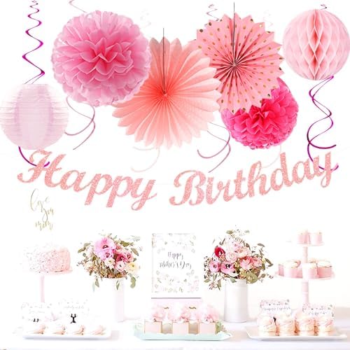 Light Hot Pink Birthday Party-Decorations - 21pcs Girl Happy Banner,Paper Lanterns Honeycomb,Tissue Pom Poms Flower Fan,Hanging Streamers Garland,18th 21st 30th Women Birthday Decor Supplies Huglony - Image 5