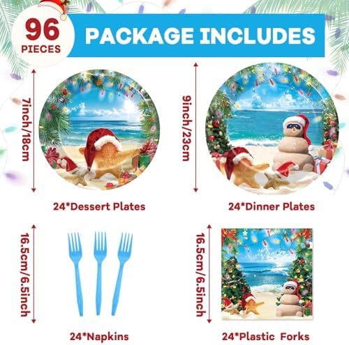 CHUNNIN 96 Pcs Summer July Christmas Plates and Napkins Xmas in July Party Decorations Disposable Dessert Plates Hawaiian Beach Tableware Set for 24 Guests Tropical Birthday Party Supplies - Image 2