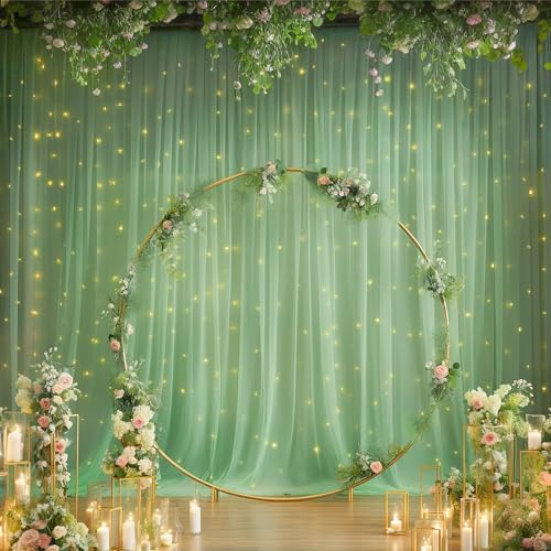 20×10ft Green Tulle Backdrop Curtain with Lights String for Parties, Sheer Photo Backdrop Curtains for Wedding Party Photography Background - Image 2
