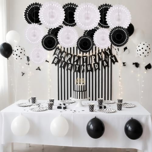CC wonderland zone 12PCS Black and White Paper Fans Party Decorations,Hanging Ceiling Honeycomb Round Tissue Paper Fans for Black and White Birthday Party Decorations - Image 2