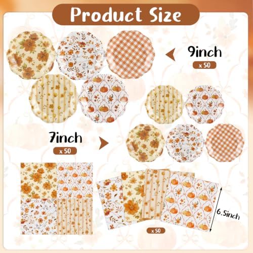 NatNarr 150 Pcs Fall Plates and Napkin, Orange White Fall Floral Dinnerware - Image 2