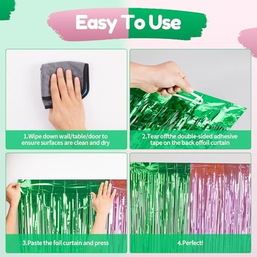 Pink and Green Party Decorations Tinsel Foil Fringe Backdrop 4 Pcs - Image 6