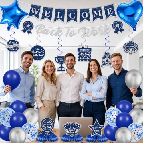 27pcs Welcome Back to Work Decorations Office Blue Silver Welcome Back to Work Banner Balloons We Missed You So Much Backdrop Hanging Swirls Table Centerpieces Foil Balloons for Back to Work Office - Image 3