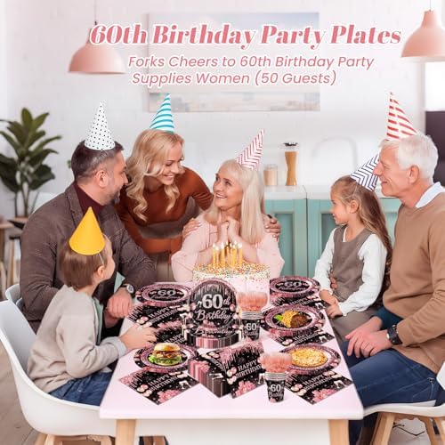 250PCS 60th Birthday Party Decorations for 50 Guests Black and Rose Gold Party Supplies for Women Include Disposable Paper Plates, Napkins, Cups, and Disposable Plastic Cutlery (60) - Image 5