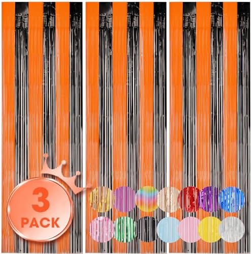 Voircoloria Black Orange Foil Fringe Backdrop Curtains,3.3x8.2ft, 3 Pack by Voircoloria