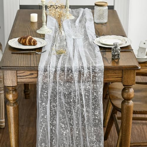Artoid Mode 3Pcs White Silver Gauze Table Runner 120 Inch 10FT, Glitter Metallic Foil Sheer Dining Wedding Anniversary Holiday Birthday Table Decor for Home Party - Image 4