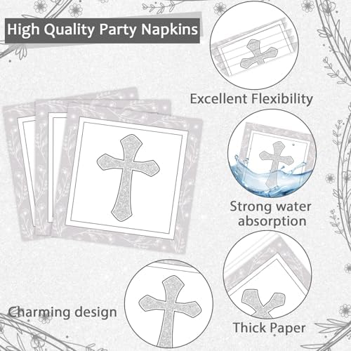 96Pcs Baptism Cross Plates and Napkins First Holy Communion Birthday Party Decorations Gray Religious Christening Ceremony Dessert Plates Tableware Set for 24 Guests Cross Baptism Party Supplies - Image 4