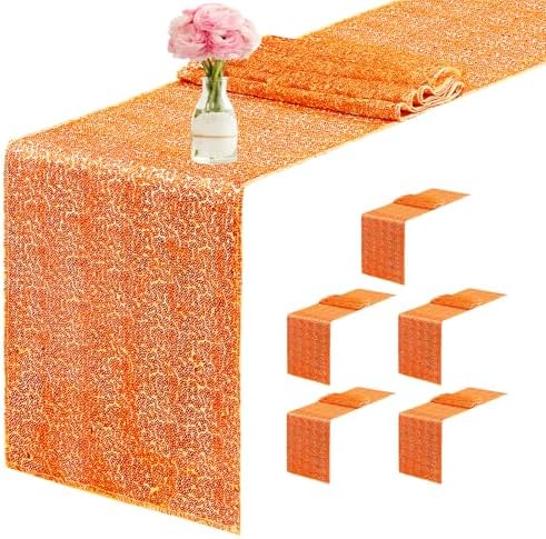6 Packs 12 x 72 inches Sequin Table Runner, Orange Glitter Table Runner for Birthday Party Supplies Wedding Engagement Baby Shower Holiday Celebration Event Decorations by Yblut