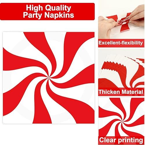100Pcs Christmas Peppermint Paper Plates and Napkins Party Supplies Candy Cane Party Tableware Set Red and White Striped Christmas Winter Party Decor Favors for Holiday Xmas Theme Party Serves 25 - Image 3