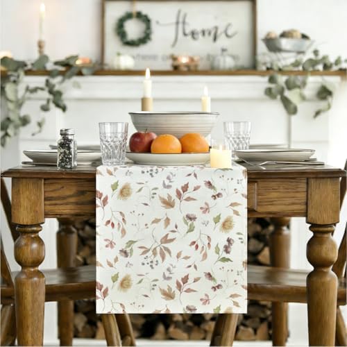 Floral Leaves Flower Table Runner, Wild Flowers and Leaves Seasonal Decor - Image 3