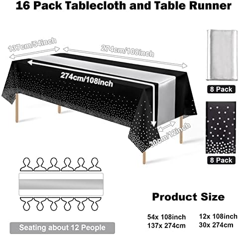 16Pack Disposable Plastic Tablecloths and Satin Table Runner Set Black and Silver Dot Tablecloth Silver Satin Table Runner for Wedding Birthday Baby Shower Anniversary Christmas New Year Party Supply - Image 2